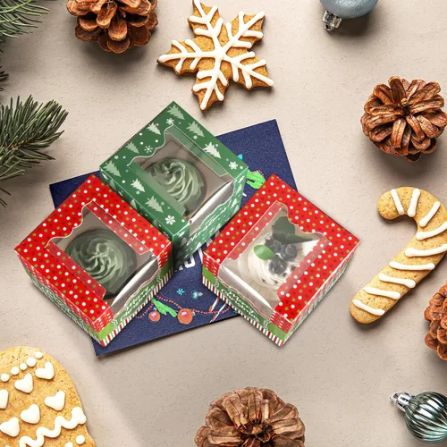 Vista 7 de 20 cajas individuales para cupcakes de Navidad con insertos, cajas de magdalenas con contenedores de ventana para cumpleaños, Navidad, boda, baby