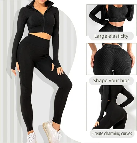 Vista 4 de SINBRLAI Conjunto de 3 piezas de entrenamiento sin costuras para mujer leggings deportivos de yoga y brasier deportivo elástico