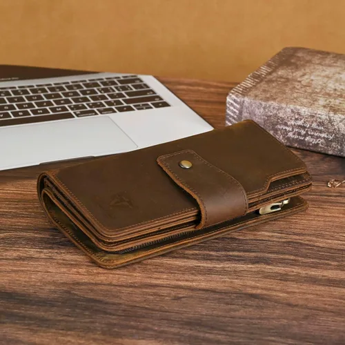 Vista 70 de Genuino Caballo Loco Cuero Regalo de Viaje Moneda Bolsillo Tarjetero Organizador Largo Cadena Rfid Cartera Monedero Con Broche Para Hombres Hombres