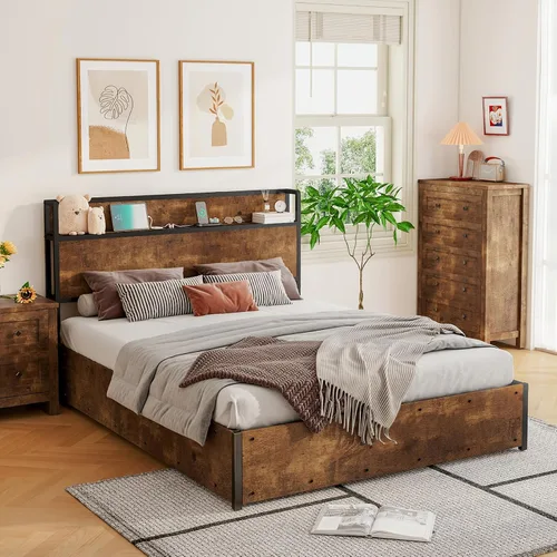 Vista 4 de LUXOAK Cama de almacenamiento elevable de tamaño matrimonial, marco de cama de plataforma de madera con cabecera de almacenamiento y estación