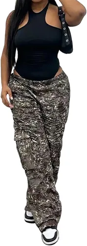 Vista 2 de Vakkest Pantalones cargo de camuflaje de gran tamaño para mujer, pantalones deportivos de entrenamiento, camuflaje militar, fatiga con bolsillos