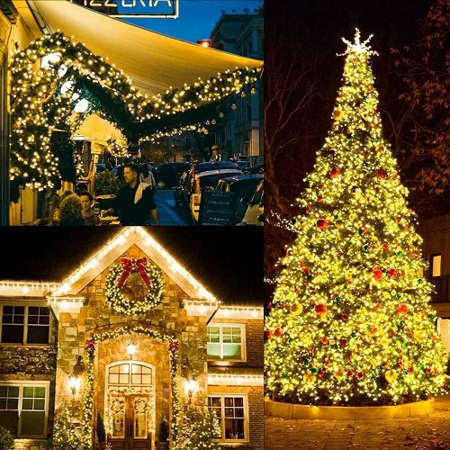 Vista 7 de LAMPHOME Luces de Navidad de color blanco cálido, 34.1 pies, 100 luces LED impermeables para árbol de Navidad con 8 modos, decoraciones de Navidad