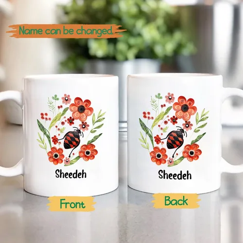 Vista 2 de Taza de café blanca personalizada con nombre de amante de escarabajos, taza de café personalizada de origami de 11 15 onzas, taza de café floral