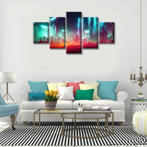 Vista 359 de Cuadros de 5 paneles de Cyberpunk City, arte de pared, representación de vallas publicitarias, edificios modernos en la capital con obras de arte