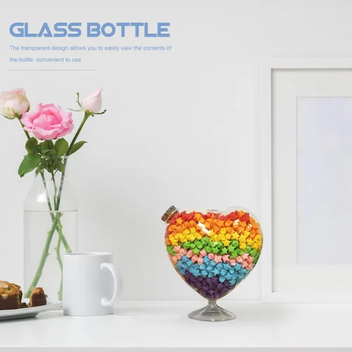 Vista 2 de Operitacx Botella de cristal con forma de corazón de 7 pulgadas con tapón de corcho, tarro decorativo transparente para estrella de origami, jarrón