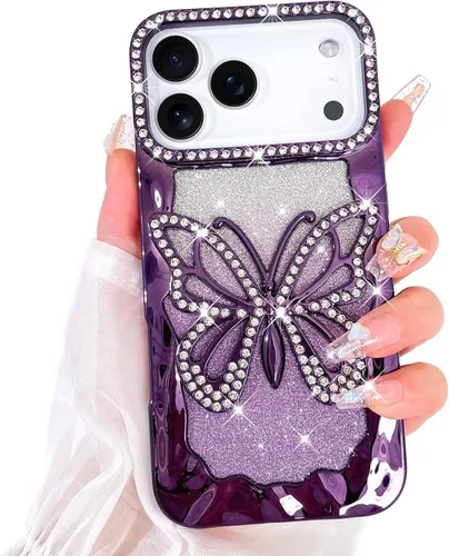 Vista 49 de Bonoma Funda con purpurina para iPhone 13 Pro Max, bonita funda 3D con patrón de chapado en degradado de mariposa de diamante, protección de cámara