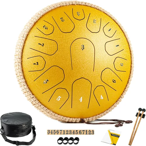 Vista 7 de HOPWELL Tambor de Lengua de Acero - 13 Pulgadas 15 Notas Tambor de Lengua - Tambor Handpan con Libro de Música, Mazos para Tambores Handpan y Bolsa