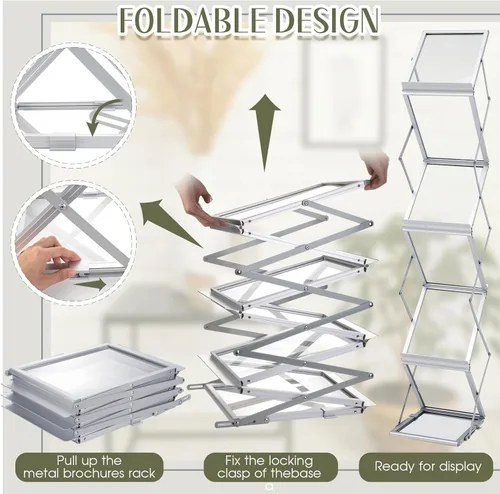 Vista 4 de Tatuo Estante plegable para revistas, catálogo de metal, portátil, 6 bolsillos con bolsa de transporte, soporte de aluminio para folletos, soporte