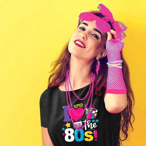 Vista 6 de Conjunto de accesorios de disfraz de los años 80 para mujer, camiseta, pantalones cortos, falda tutú, calentadores de piernas para fiesta Neno