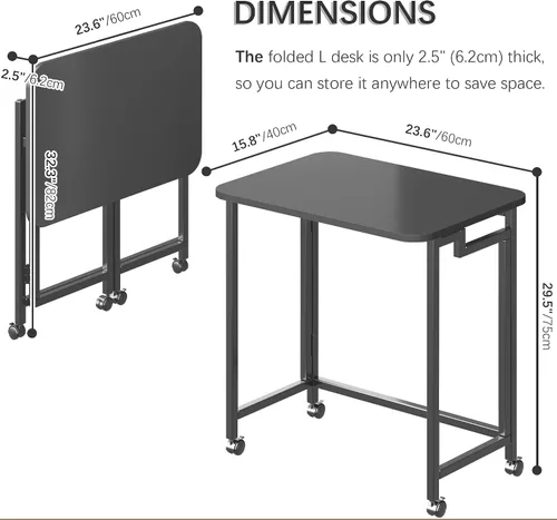 Vista 3 de 4NM Escritorio de computadora rodante móvil pequeño de 23.6", mesa carrito plegable para laptop con ruedas, escritorio de oficina portátil para Todo