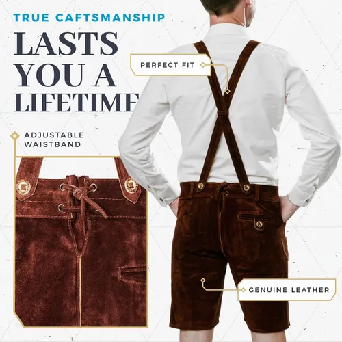 Vista 3 de BAVARIA TRACHTEN Lederhosen - Pantalones de cuero genuino alemán para hombre - Leiderhausen para hombre - Pantalones de cuero alemán - Marrón oscuro