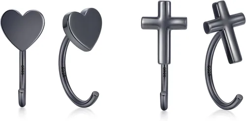 Vista 29 de CHIC & ARTSY Aretes de medio aro de plata de ley 925 para mujer, juego de aros pequeños con barra de bola, estrella, luna y perla, ligeros, ajuste