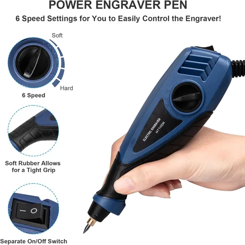 Vista 5 de Bolígrafo de grabado de 25 W, herramienta de grabado de potencia de 6 velocidades, bolígrafo grabador de mano con brocas de acero de carburo