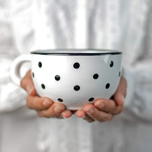 Vista 11 de City to Cottage Taza de cerámica hecha a mano con diseño de lunares blancos y negros, extra grande de 17.5 onzas, capuchino de cerámica, café, té