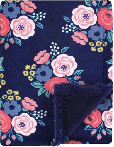 Vista 25 de Hudson Baby Infant Girl Plush Blanket with Furry Binding and Back, Navy Bold Floral, One Size (Pack of 2)