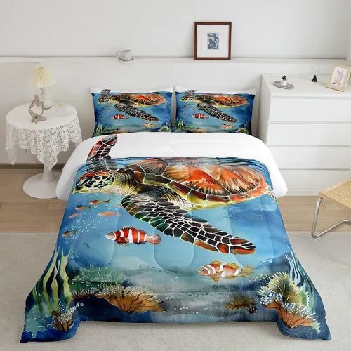 Vista 40 de Erosebridal Juego de edredón de ballena náutica, tamaño individual, juego de ropa de cama vintage azul con ondas oceánicas para niños y niñas