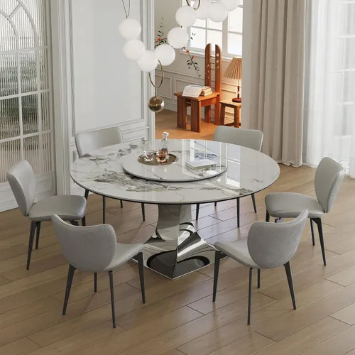 Vista 3 de Mesa de comedor redonda, mesa de comedor de piedra sinterizada blanca, base moderna de acero inoxidable sólido