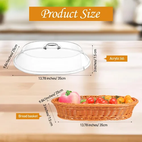 Vista 2 de Hushee Juego de 2 cestas de pan de ratán de imitación con tapa, cestas de pan de mimbre para servir cestas de frutas tejidas con cubierta, cestas
