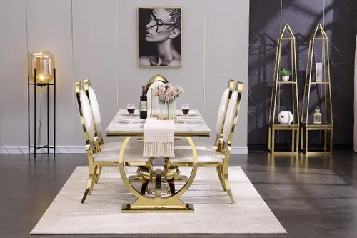 Vista 7 de ACEDÉCOR Sillas de comedor blancas y doradas, modernas sillas de piel sintética blanca, magnífica silla ovalada con respaldo de acero inoxidable