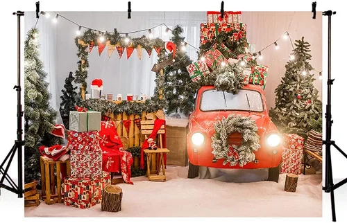 Vista 7 de MEHOFOND Árbol de Navidad de invierno de 8 x 6 pies, regalo de automóvil rojo, guirnalda de pino verde claro, guirnalda de pino verde claro