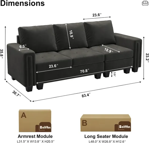 Vista 2 de Belffin Sofá modular de terciopelo de 3 plazas para sala de estar, color gris