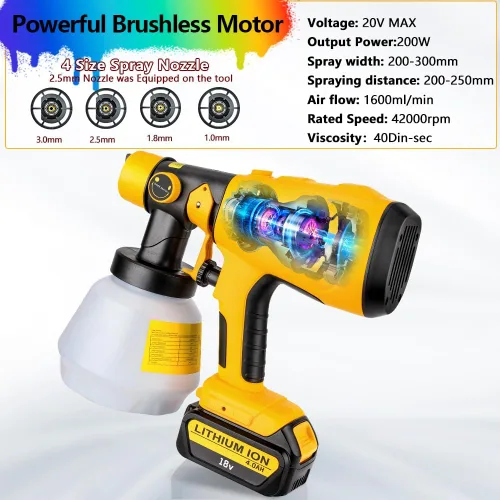Vista 4 de Pulverizador de pintura compatible con batería DEWALT 20V MAX, pistola de pintura eléctrica HVLP inalámbrica con 3 patrones de pulverización y 4