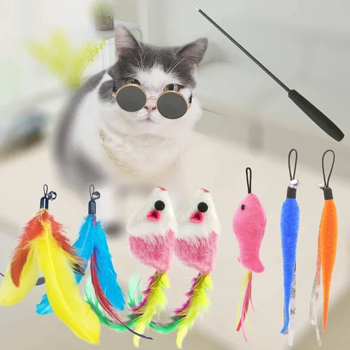 Vista 4 de ZPH Juguetes para gatos, paquete variado de plumas interactivas para gatos, varita y gatito, incluye juguete de ejercicio para gatos, ratón, gusanos