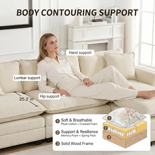 Vista 4 de Sofá modular modular de felpilla beige de 78 pulgadas para sala de estar, sofá modular de felpilla beige para sala de estar, sofás para sala