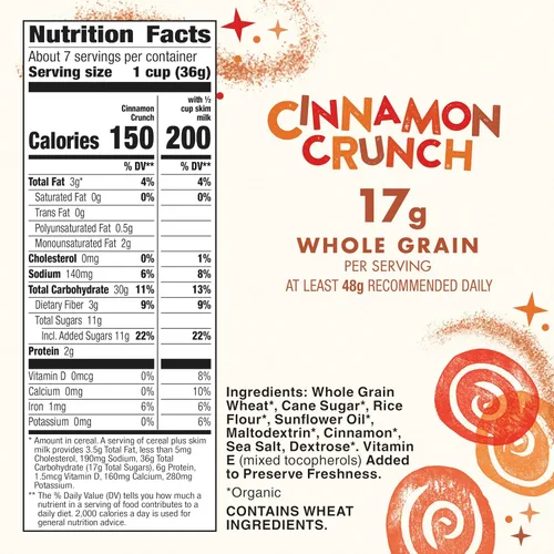 Vista 2 de Cascadian Farm Cereal de crujido de canela orgánico, cereal de grano entero, 9.2 oz Made with Real Cinnamon; No Artificial Flavors; Non-GMO