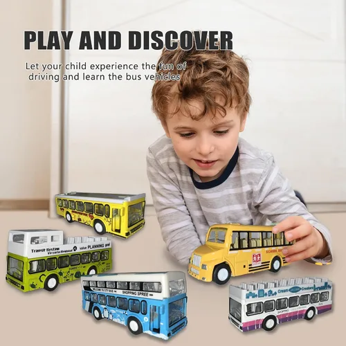 Vista 2 de KIDAMI Juego de 5 autos de juguete de metal fundido a presión, a escala 1:64, con puertas abiertas, vehículos de autobús urbano de dos pisos