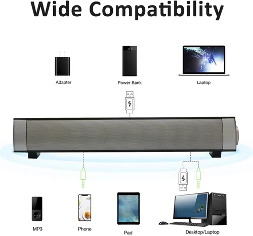 Vista 5 de Altavoces de computadora para escritorio, barra de sonido de computadora con cable e inalámbrica, mini altavoces estéreo alimentados por USB