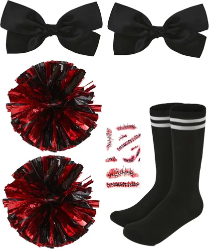 Vista 6 de Disfraz de animadora para niña, conjunto completo, accesorios de Halloween Negro Rojo 1