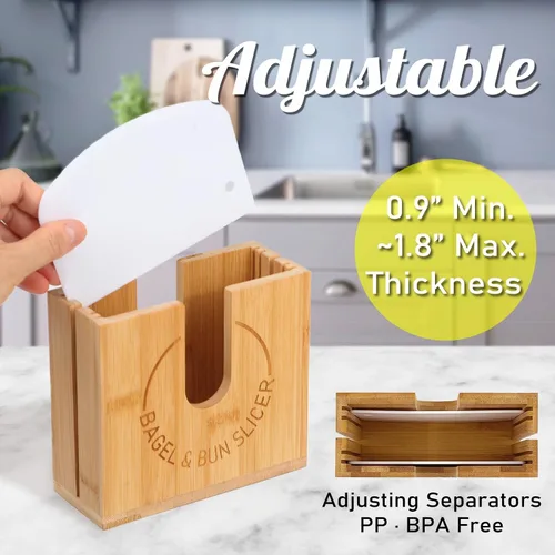 Vista 4 de Soporte de corte de bagel ajustable Soporte de corte de bagel de bambú con ranuras ajustables de ancho para bagels pequeños y grandes, bollos