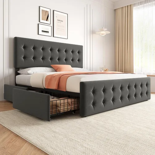 Vista 12 de IDEALHOUSE Marco de cama tamaño completo con 4 cajones de almacenamiento y cabecero, marco de cama plataforma tapizada en cuero sintético con Beige