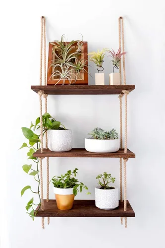 Vista 7 de Mkono Estantes colgantes de madera rústica de 3 niveles, estantes flotantes de pared para plantas de fotos, estante de almacenamiento colgante