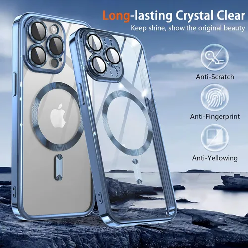 Vista 6 de Funda magnética para iPhone 15 Pro Max con protector completo de lente de cámara [imanes N56 fuertes] [Compatible con Magsafe] Funda transparente