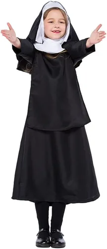 Vista 2 de Nun Costume For Kids Girl Dress Catholic Sister Robe Priest Halloween Outfit Carnival Cosplay Child Gothic Head Wrap