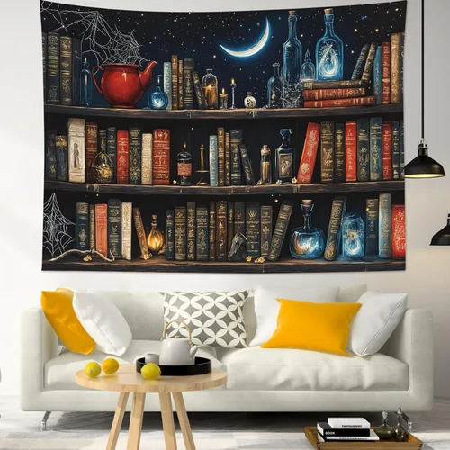 Vista 24 de LB Tapiz de cielo nocturno y océano, tapiz de luna llena sobre el agua, tapiz para colgar en la pared, tapiz de fantasía mágica de acuarela 3D, arte