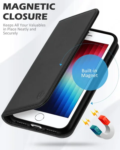Vista 4 de SHIELDON - Funda tipo cartera de piel auténtica para iPhone SE 2022/SE 2020/8/7, color negro Magnetic Closure, RFID Blocking, Credit Card Holder