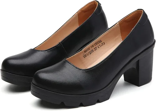 Vista 7 de DADAWEN Zapatos de cuero para mujer, plataforma clásica, tacón medio, punta redonda, Oxford, zapatos de vestir para oficina, fiesta, boda