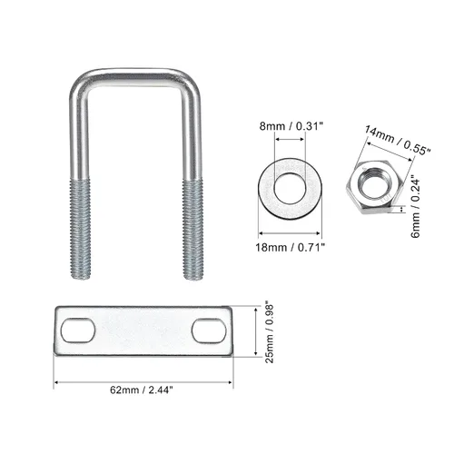 Vista 3 de uxcell Pernos cuadrados en U de 1 "(25 mm) de ancho interior de acero al carbono M8 con tuercas, placa de marco, arandelas redondas