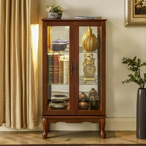 Vista 11 de Gabinete Curio iluminado, moderno gabinete de cristal de pie con estantes ajustables, panel trasero espejo y puertas de vidrio templado