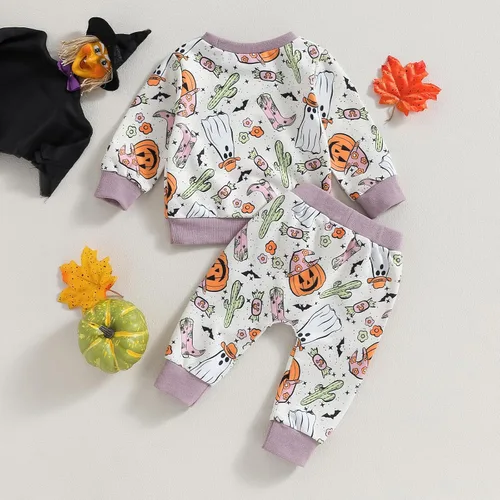 Vista 53 de YINGISFITM Conjunto de camisa de calabaza de Halloween para bebé, niña, niño, sudadera y pantalones para otoño e invierno