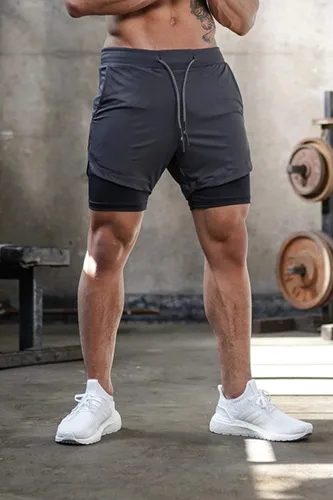 Vista 4 de Surenow - Pantalones cortos de correr para hombre, pantalones cortos 2 en 1 para entrenamiento, de 7 pulgadas, para yoga, deportes al aire libre