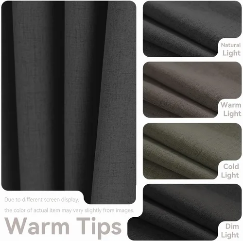 Vista 5 de Cortinas de lino libres de PFAS en negro de 63 pulgadas de largo, juego de 2 paneles, 100% cortinas opacas largas para dormitorio, sala de estar