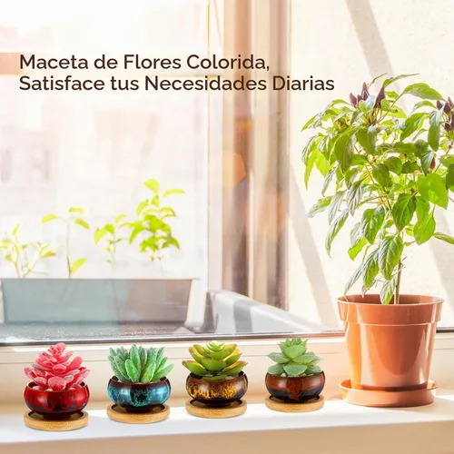 Vista 6 de 12 macetas de cerámica para suculentas de 2.5 pulgadas, macetas de jardín con drenaje y bandeja de bambú para plantas de jardín de interior, macetas
