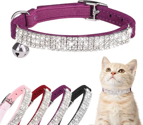 Vista 16 de BINGPET collar ajustable para gatos, de terciopelo suave, seguro, collares Bling diamante con cascabel, Adjustable, Negro Negro
