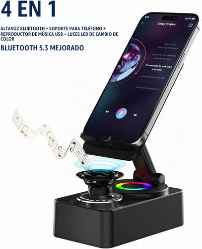 Vista 2 de Soporte para teléfono celular con altavoz Bluetooth inalámbrico, LED, base antideslizante, sonido envolvente HD, perfecto para el hogar/exterior