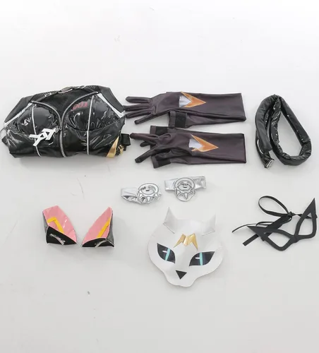 Vista 9 de Miccostumes Disfraz de gato negro para mujer body negro con guantes y parche ocular