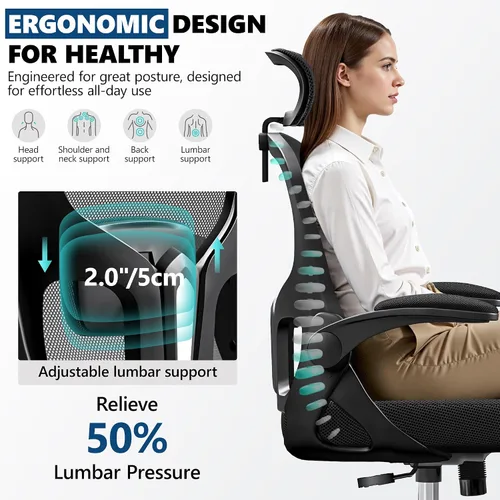 Vista 4 de Silla de oficina ergonómica, silla de escritorio de malla con reposacabezas ajustable y soporte lumbar, silla de computadora con ruedas con Negro